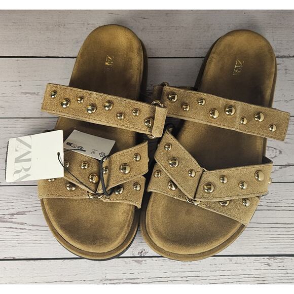 ZARA Studded Criss Cross Sandals Gold Tan Size 6 US New With Tags NWOT Womens - Picture 6 of 7